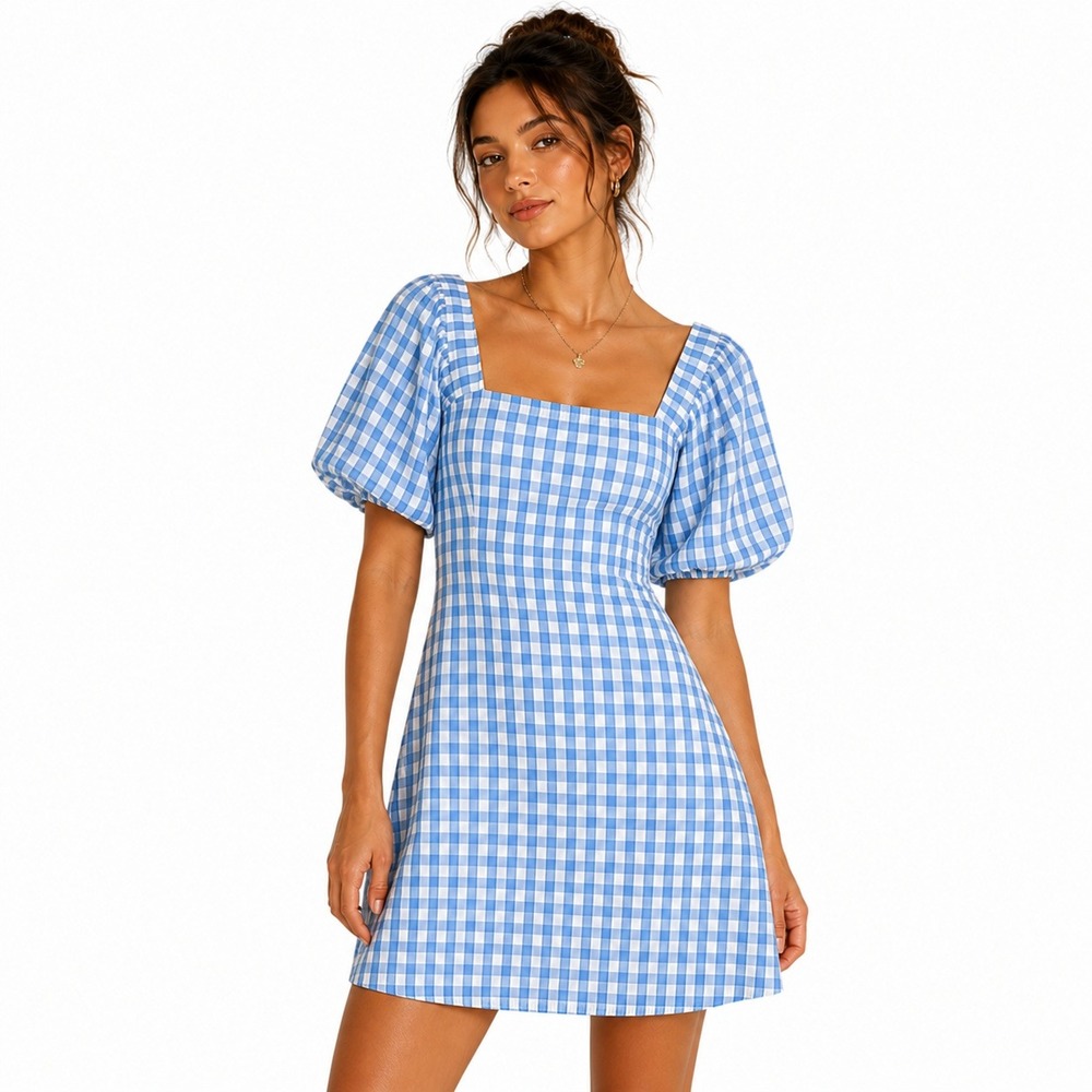 Lena Cottagecore Smocked Puff Sleeve Mini Dress Blue Gingham Prairie Size L